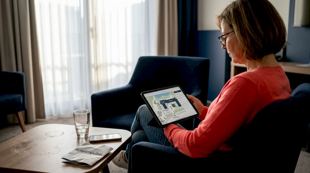 Hotelgast entdeckt die digitale Gästekarte auf seinem Tablet.