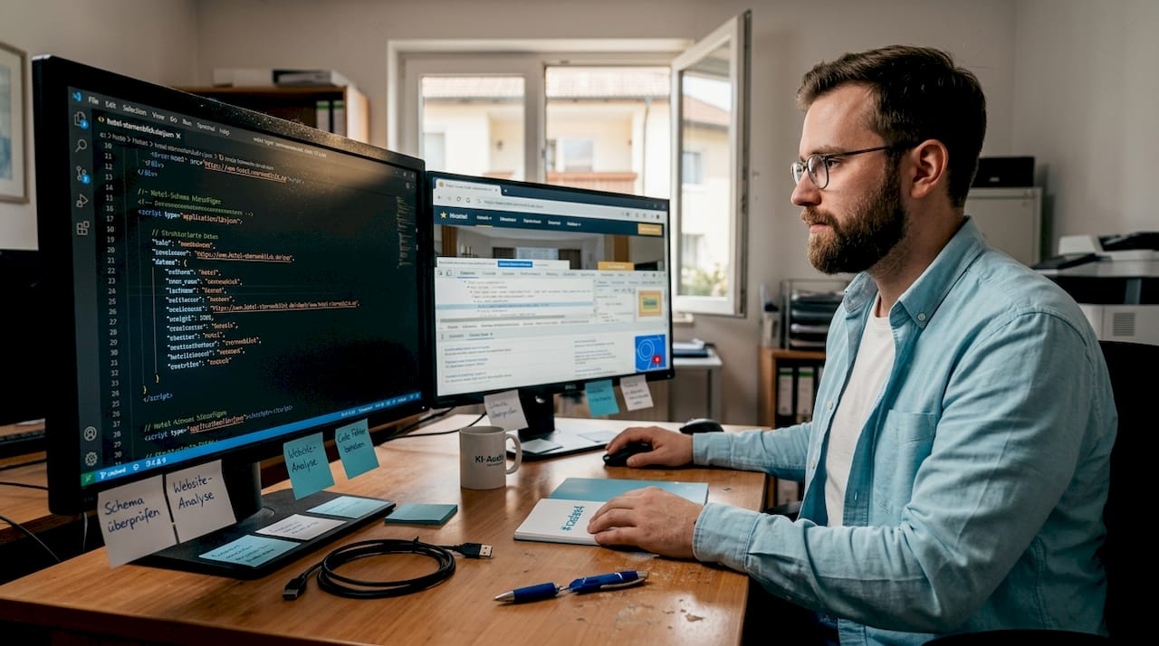 Ein IT-Experte überprüft den Quellcode der Hotel-Website direkt im Büro des Hotels.