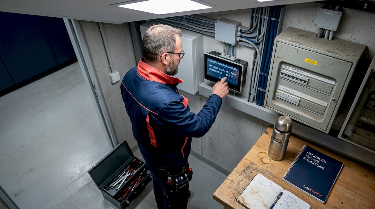 Ein Servicetechniker kontrolliert das Energiemanagement im Technikraum des Hotels.