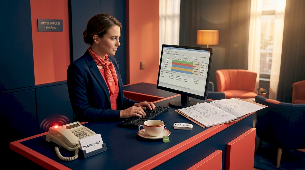 Empfangskraft arbeitet am Front Desk mit Channel-Manager-Software