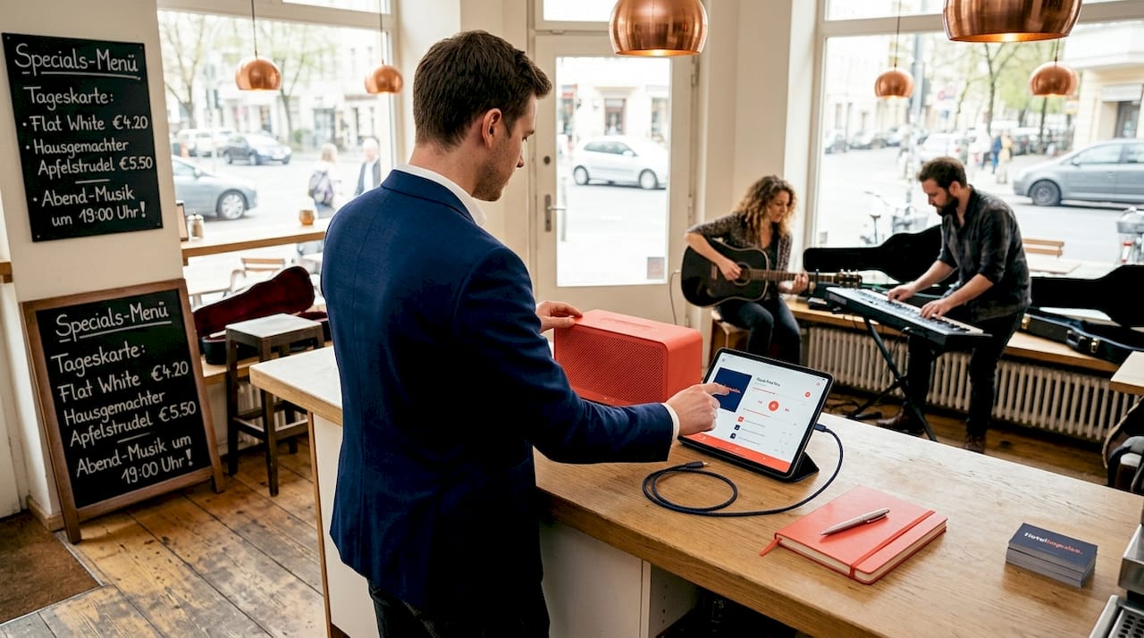 Der Caféleiter stellt eine Playlist mit regionaler Musik für das Café zusammen.