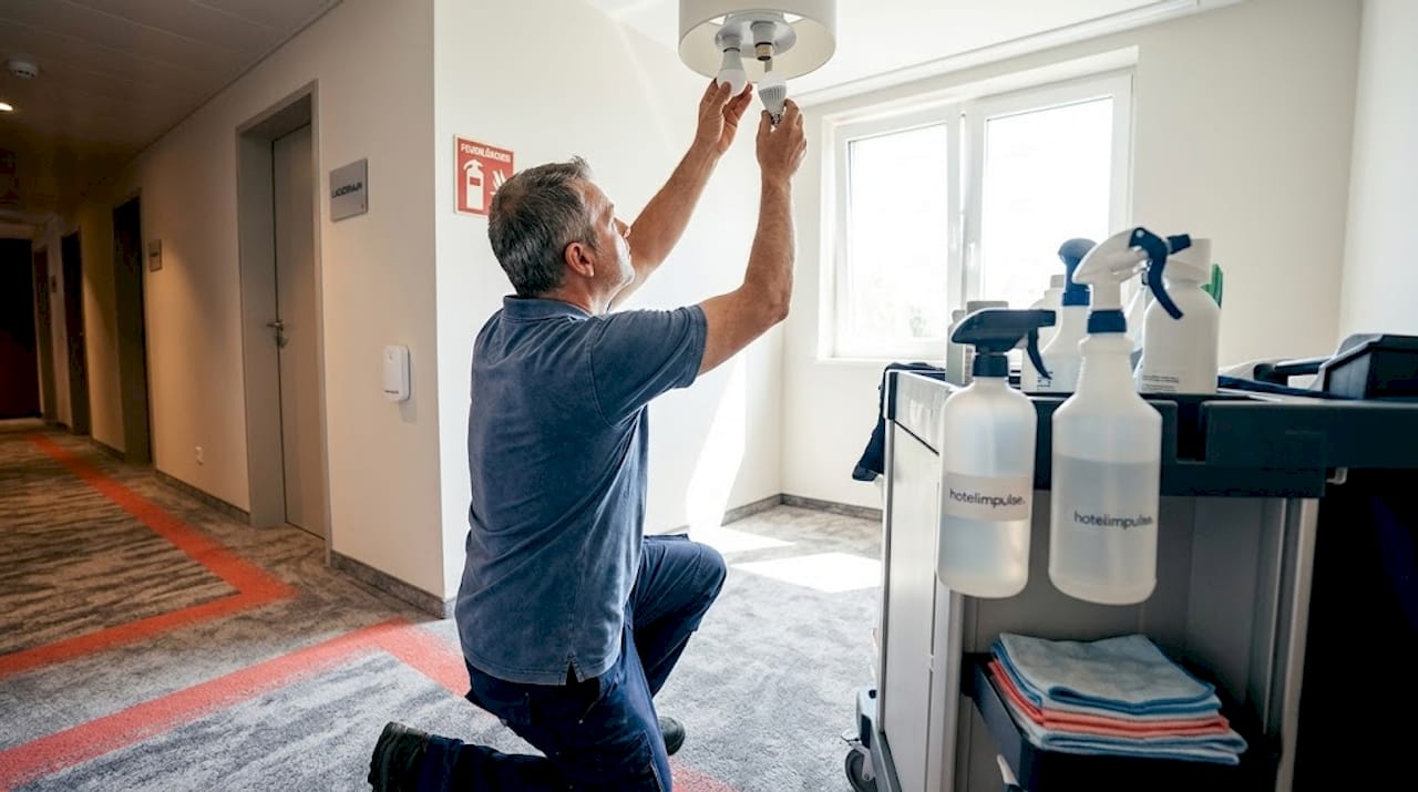 Ein Handwerker tauscht im Hotelflur herkömmliche Glühbirnen gegen moderne LED-Leuchten aus.
