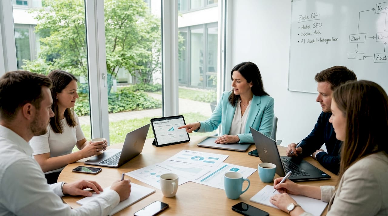 Das Team tauscht sich über Strategien im Online-Marketing aus.