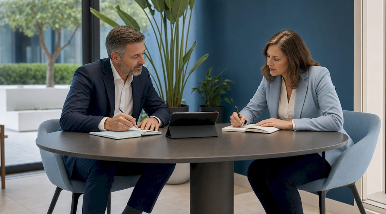 Zwei Hotelmanager tauschen sich im Meeting über ihre Strategie zum Benchmarking aus.