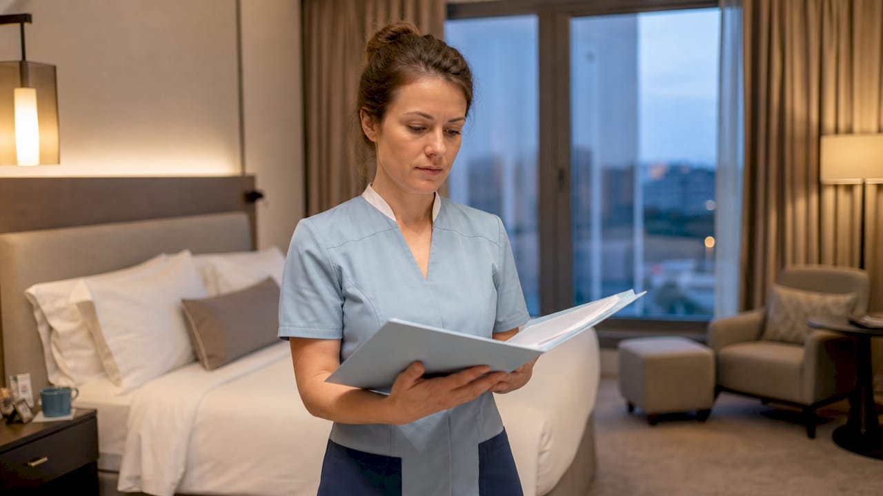 Die Hausdame geht mit einer Checkliste durch die Zimmer und kontrolliert, ob alles in Ordnung ist.