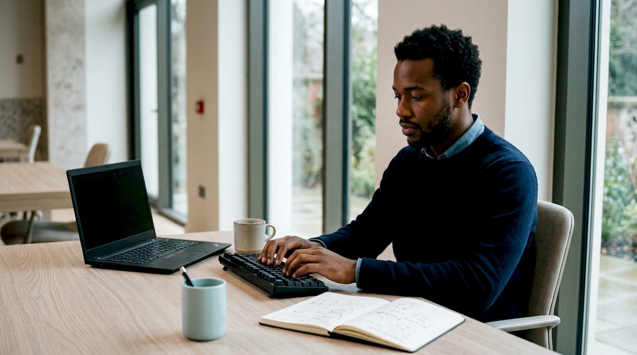 Ein IT-Experte arbeitet am Laptop im Serverraum eines Hotels.