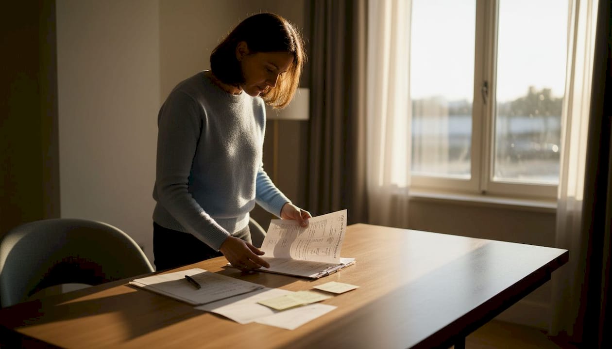 Eine Frau überprüft sorgfältig eine ausgedruckte Checkliste mit Ranking-Faktoren.