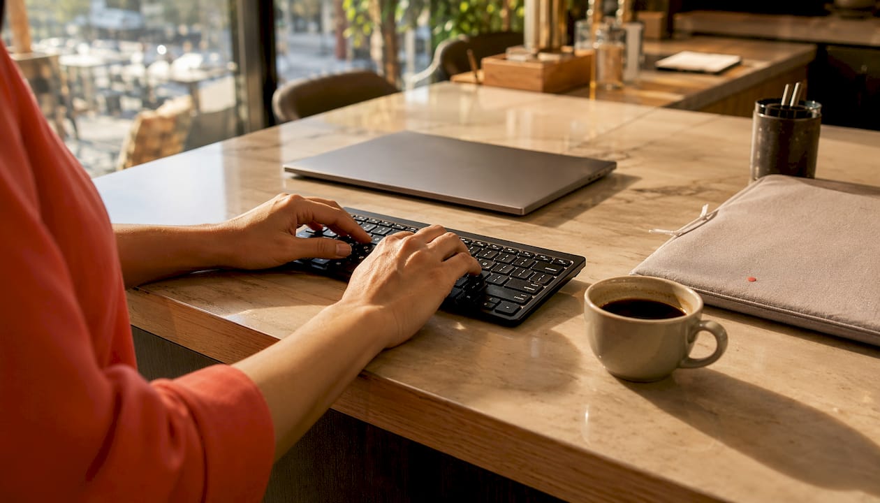Ein Hotelmitarbeiter tippt an der Rezeption auf der Tastatur des Computers.