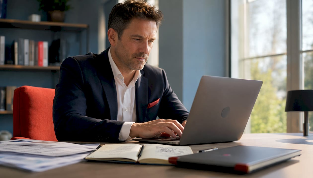 Ein Hoteldirektor erledigt seine Arbeit am Laptop im Besprechungsraum.