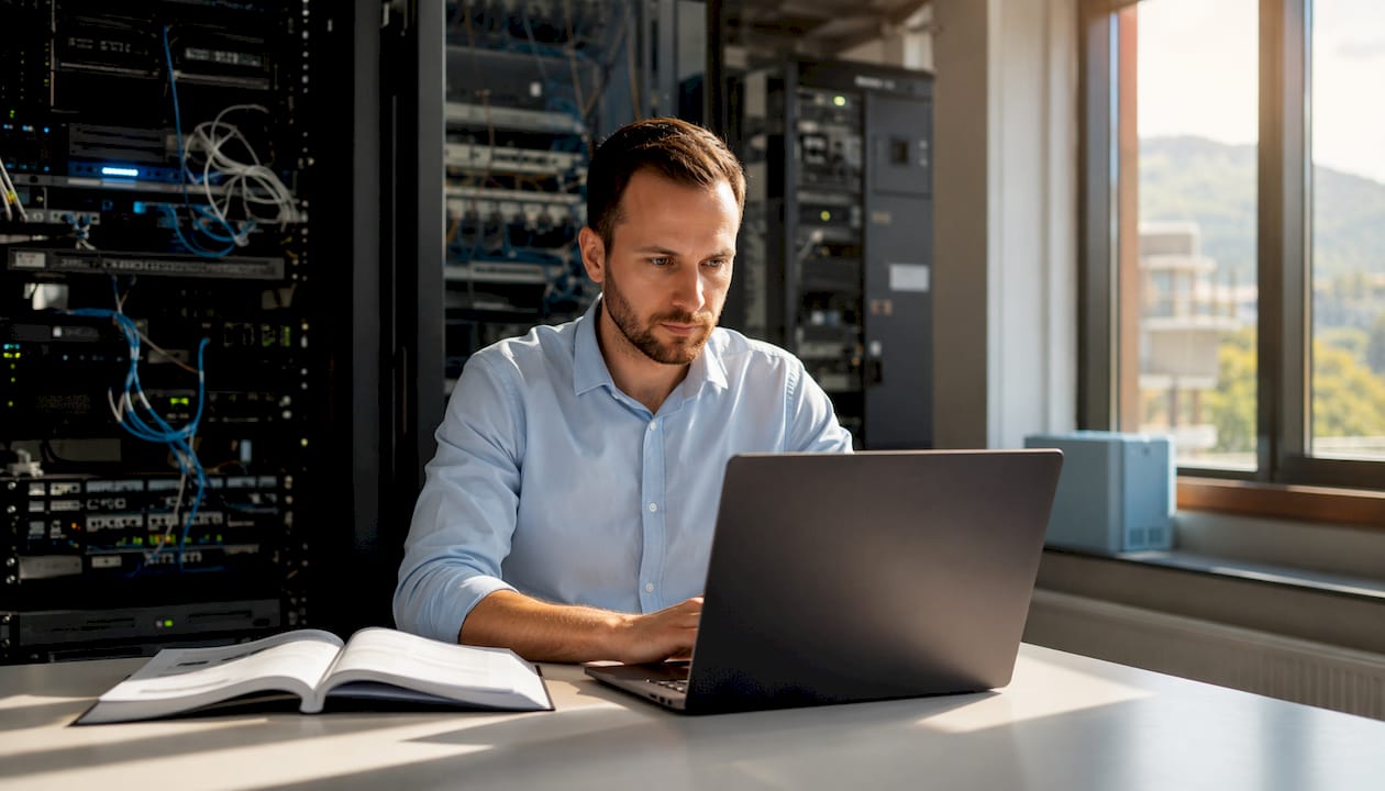 Ein IT-Spezialist nimmt die Netzwerkeinstellungen im Hotel genau unter die Lupe.