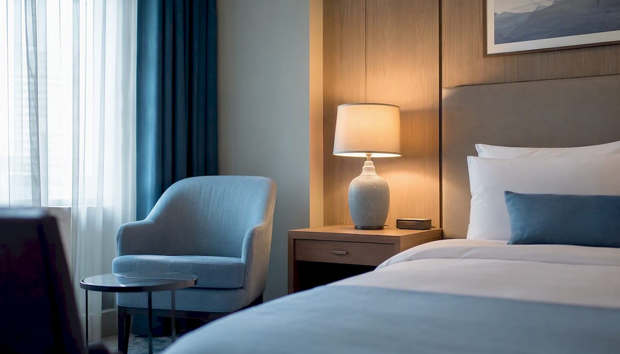 Ruhiges Hotelzimmer mit stilvollen blauen Akzenten