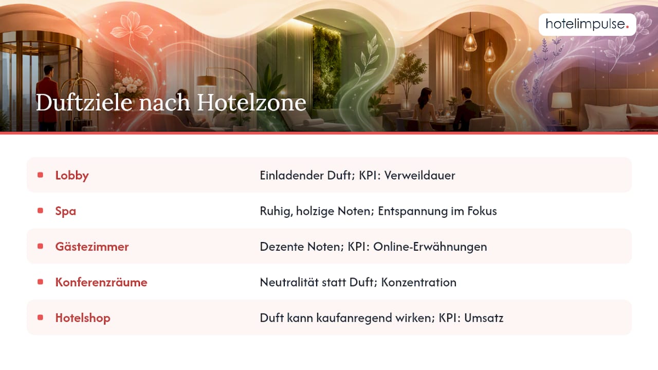 Übersicht der Hotelbereiche mit den jeweiligen Zielen des Duftmarketings