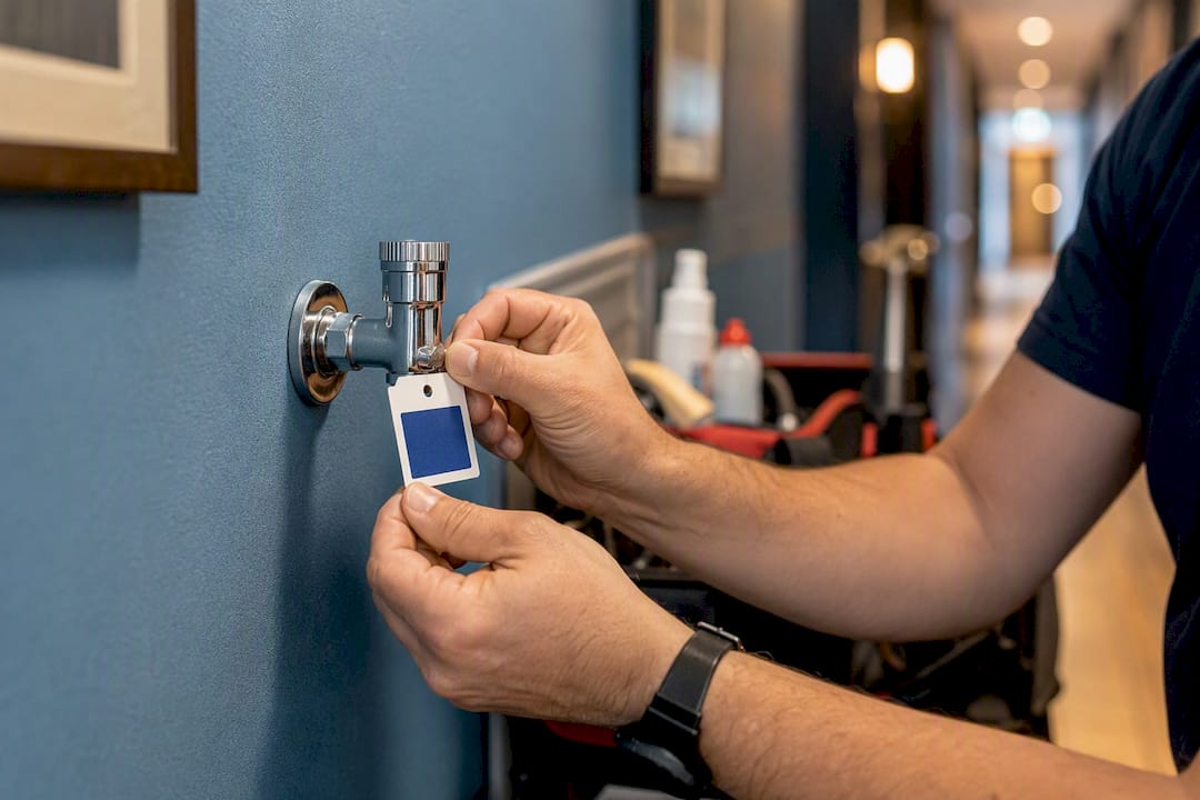 Hände kennzeichnen Hotel-Wasserhahn mit Farbcodes