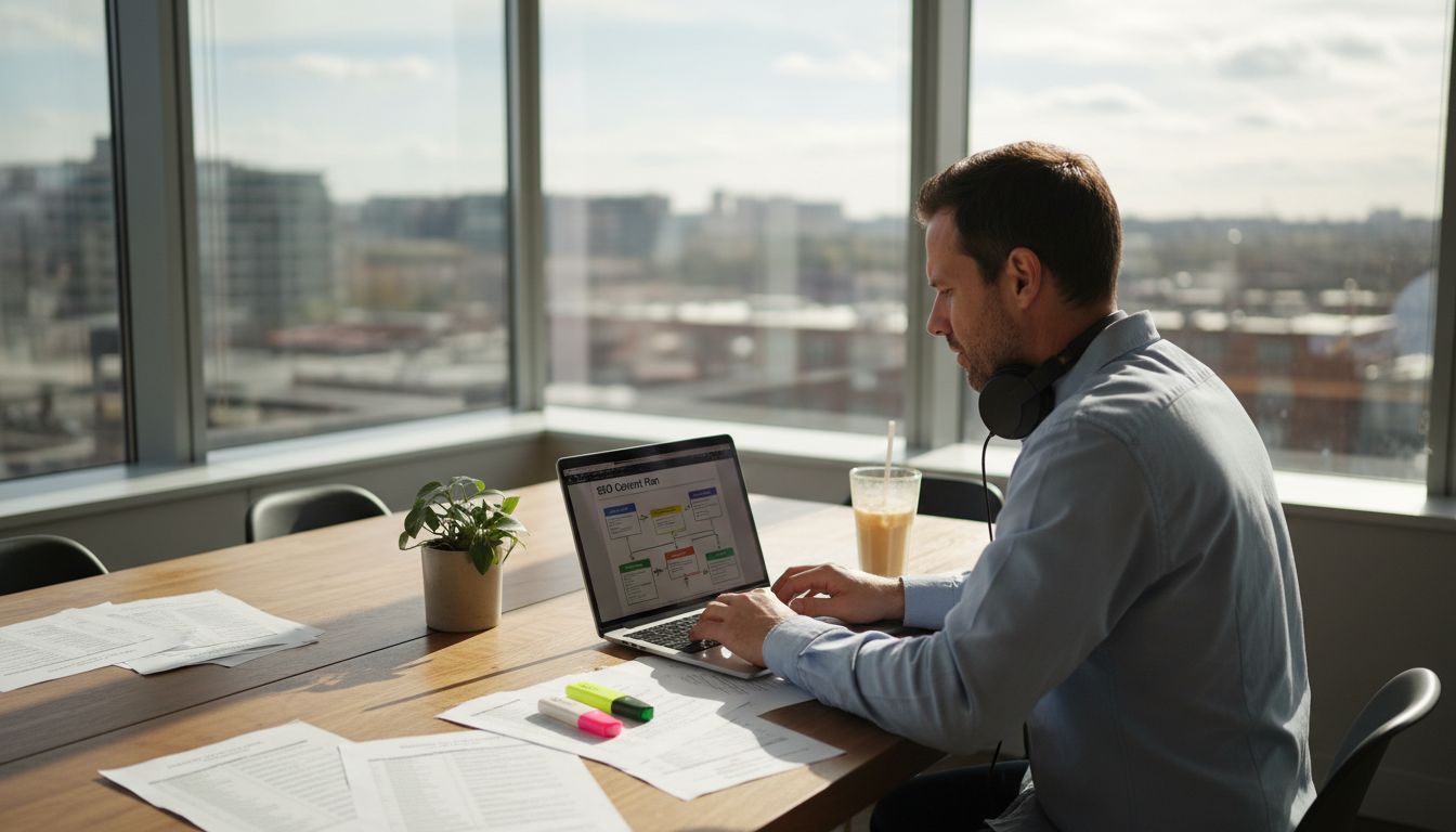 SEO strategist working at office table