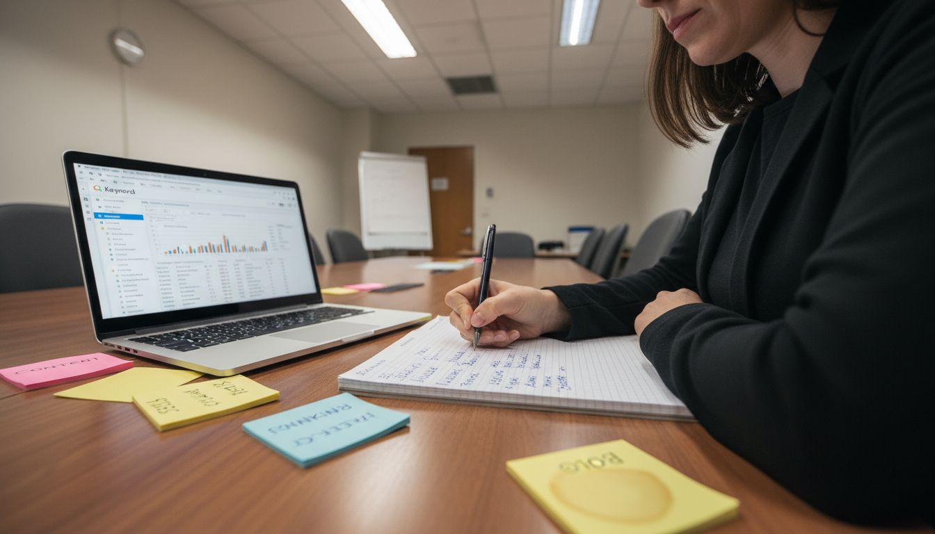 Researcher taking notes on keyword research