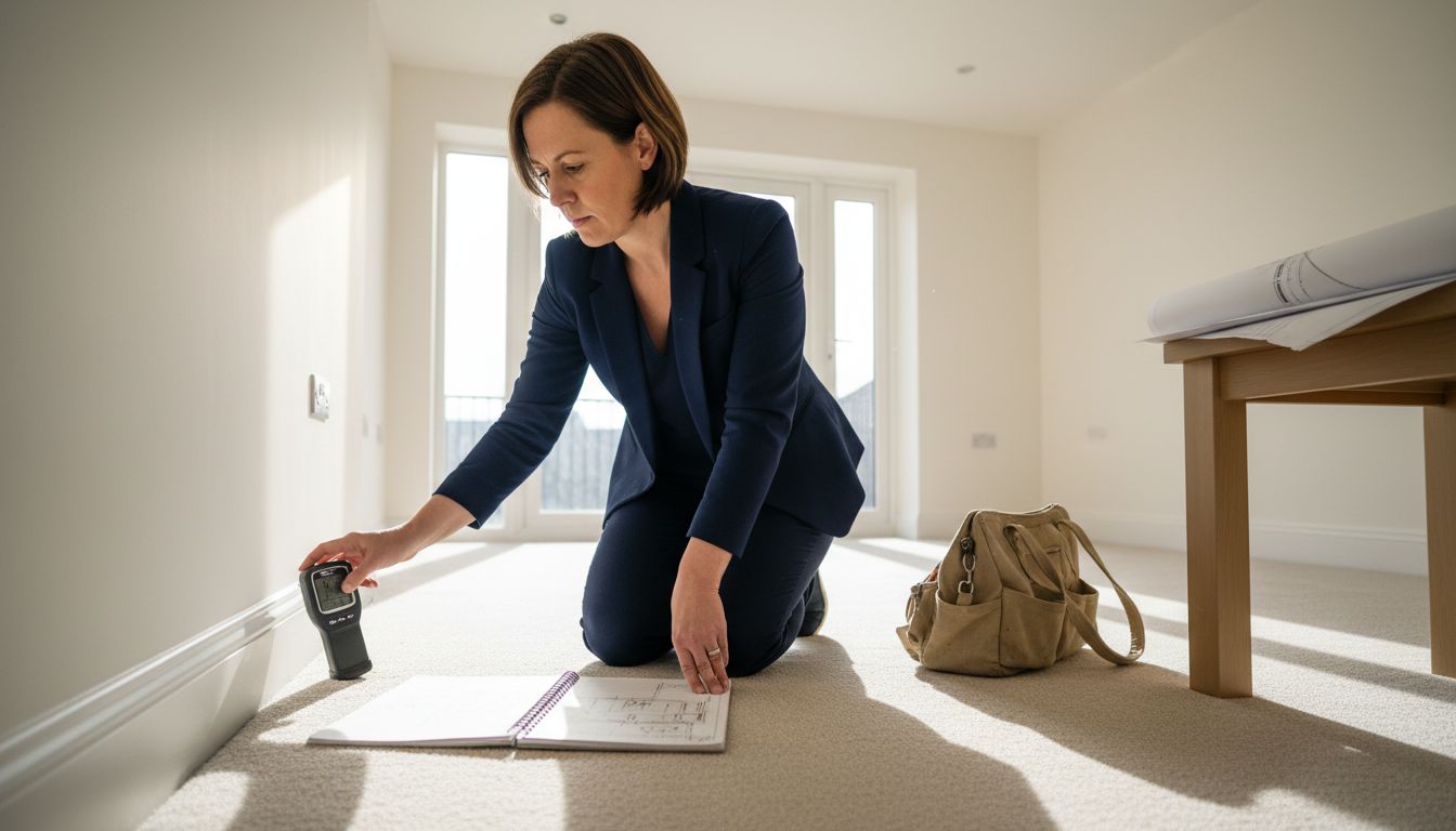 Female surveyor testing wall for defects