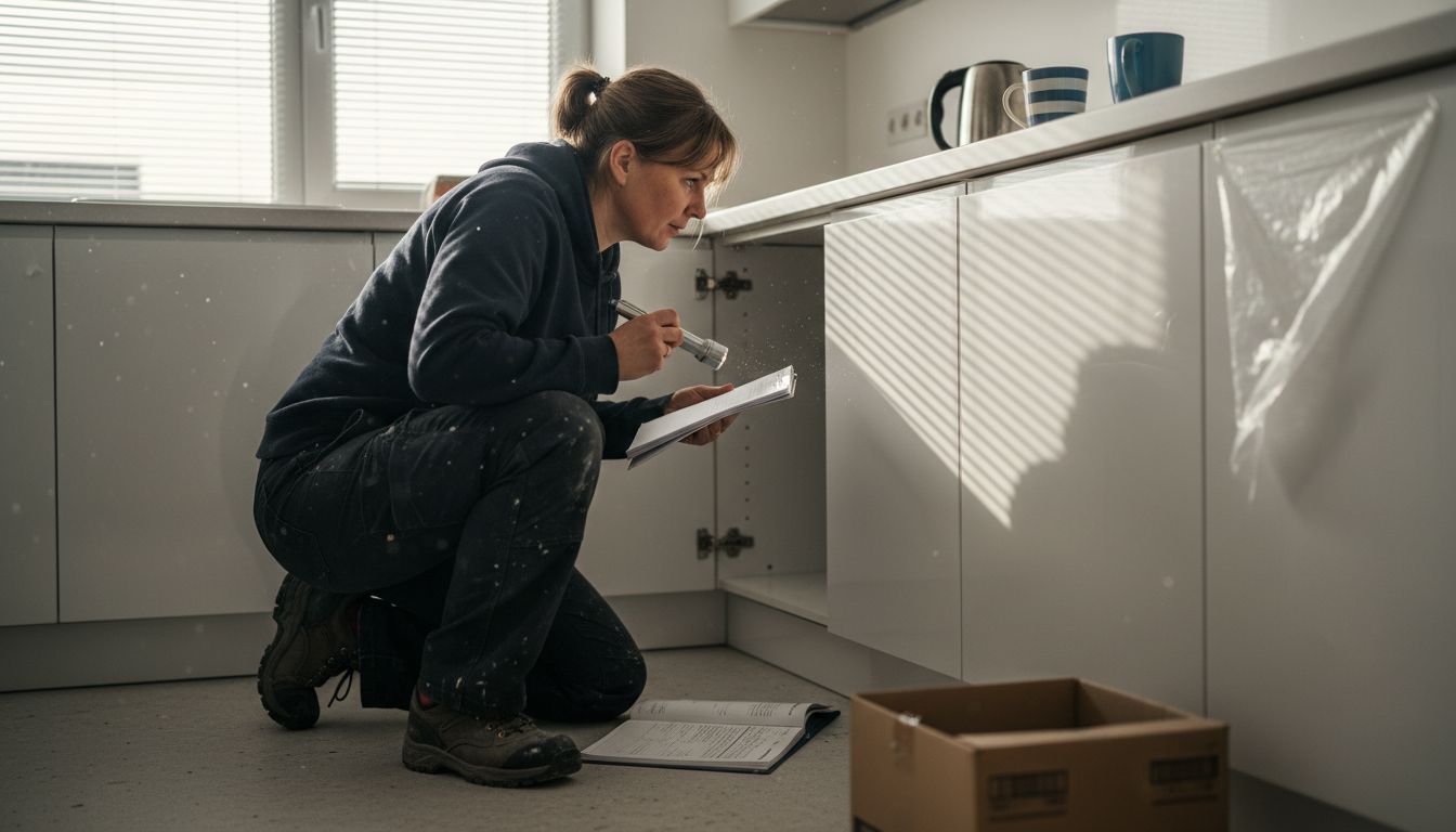 Inspector checking cabinet in new kitchen