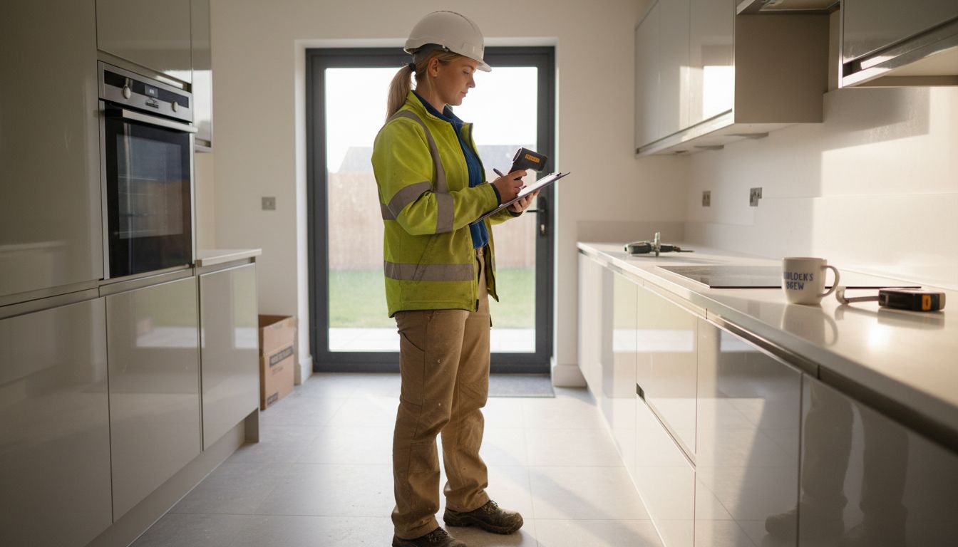 Inspector using thermal camera in new kitchen
