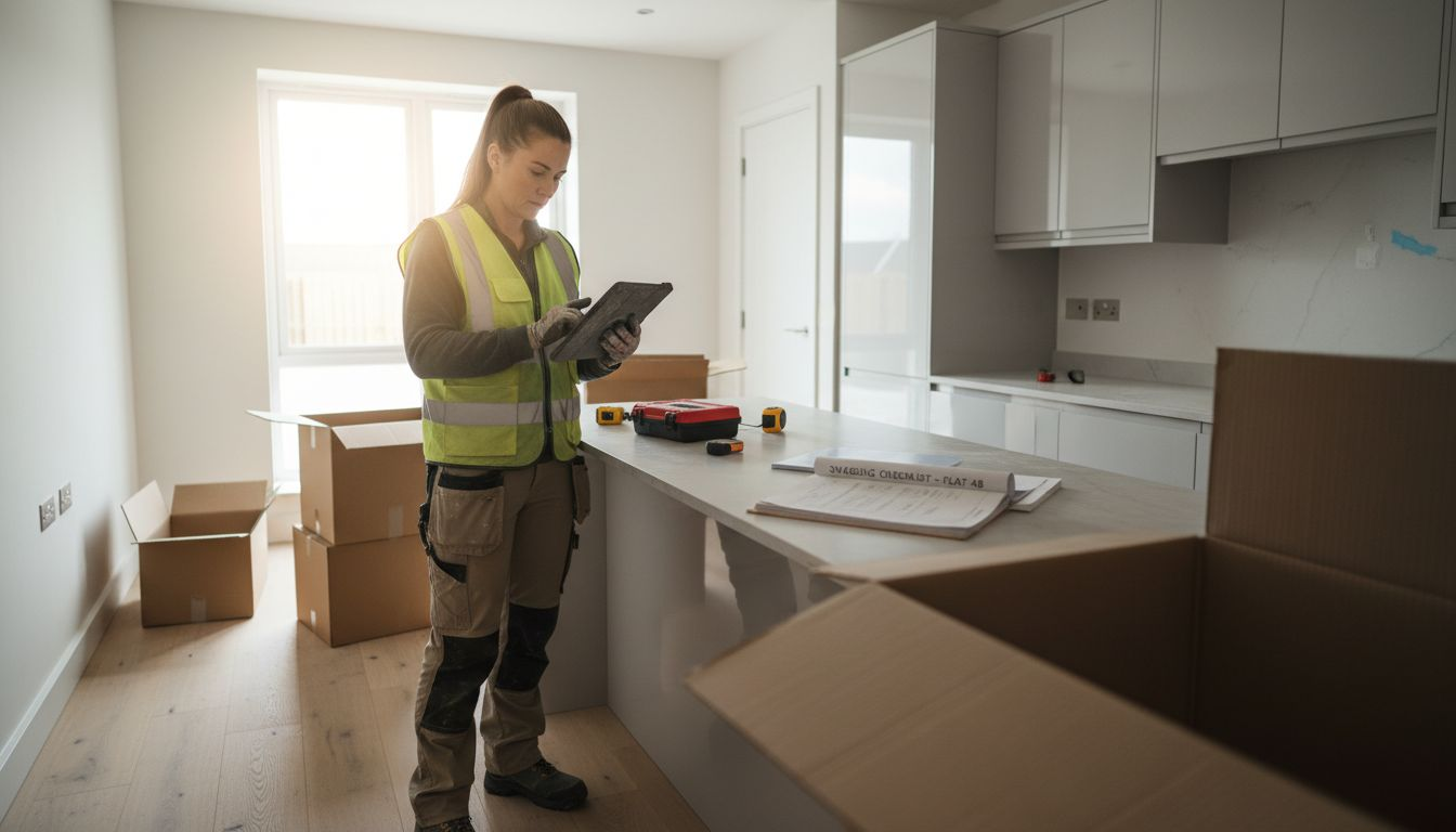 Surveyor documenting kitchen defects on-site