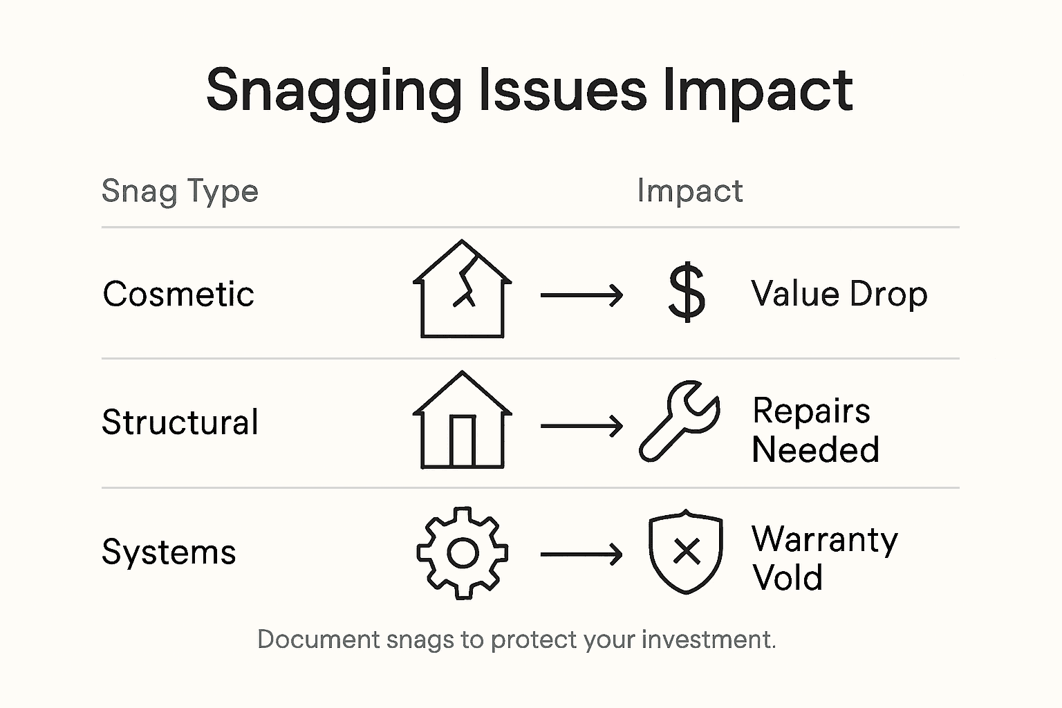 Infographic on snagging issue impacts and categories