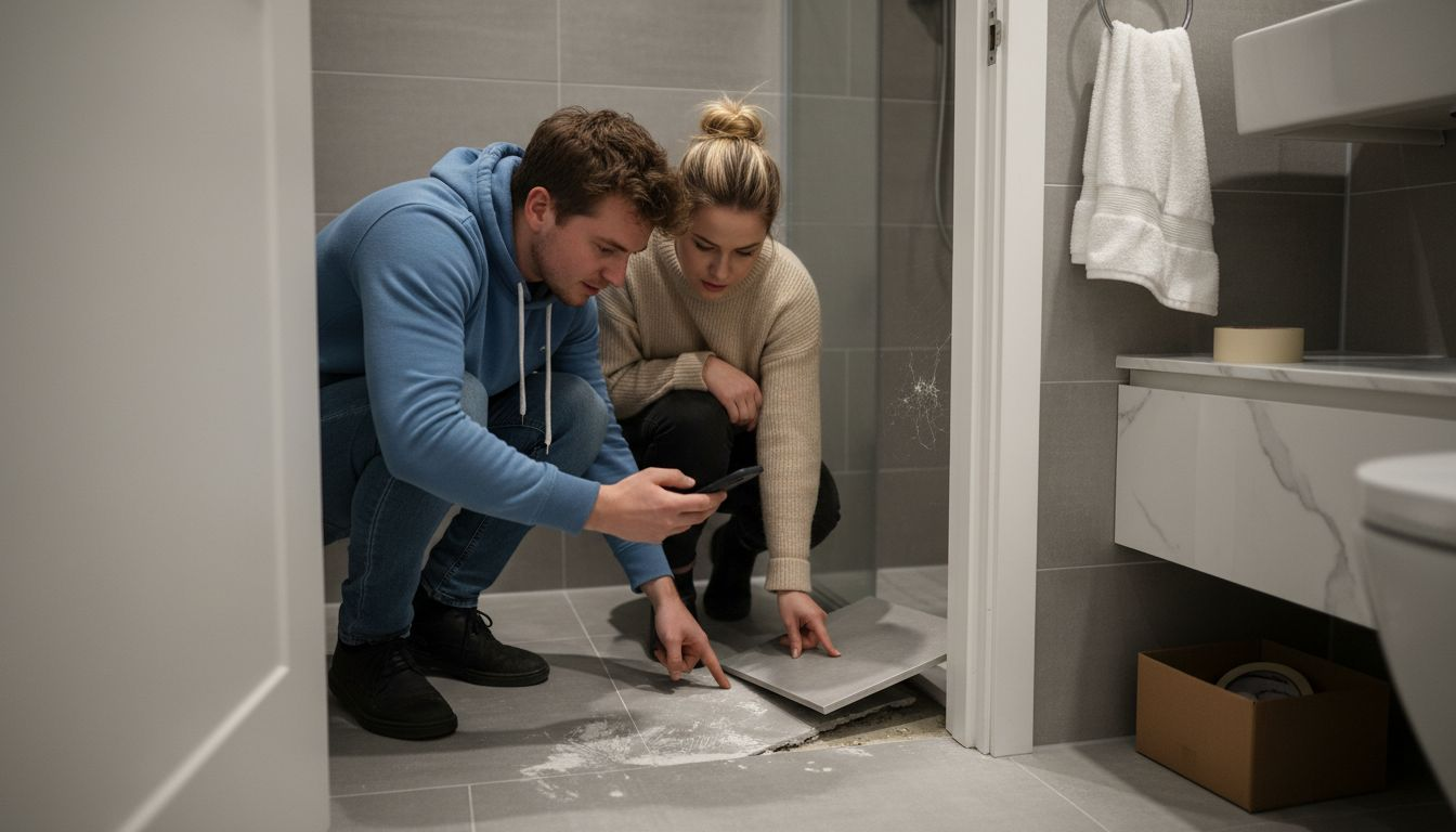 Couple photographs snagged bathroom tile