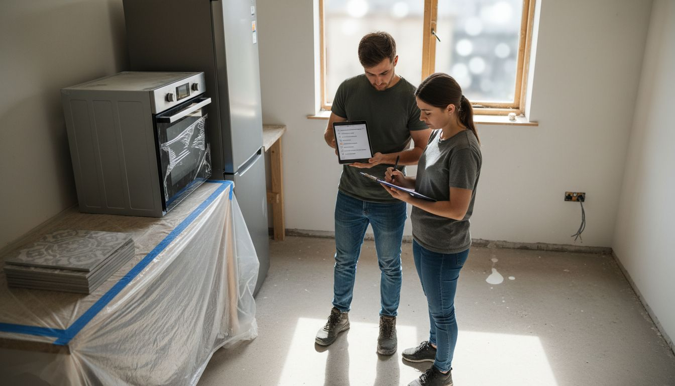 Couple reviewing snagging items in kitchen