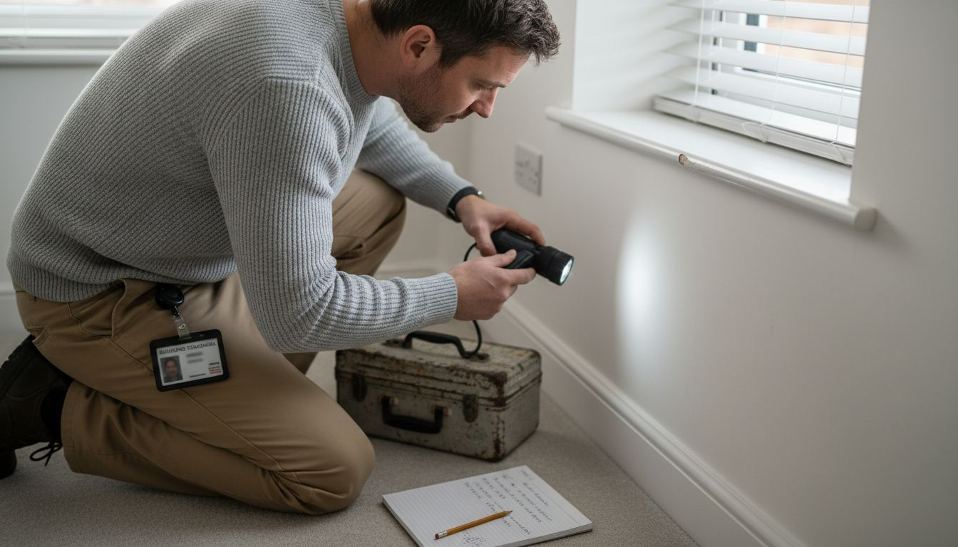 Inspector checks paint flaws on skirting board