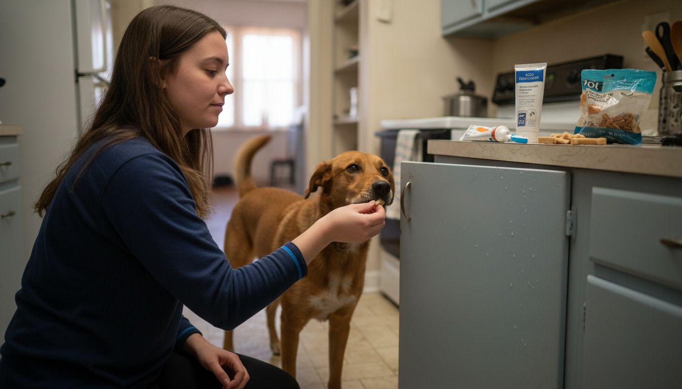 Vrouw beloont hond na poetsen