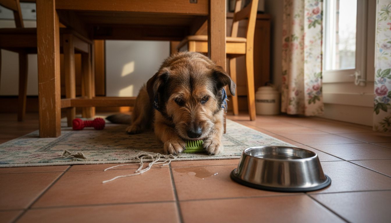 Op de keukenvloer ligt een hond tevreden te kauwen op een speciale gebitsstick.