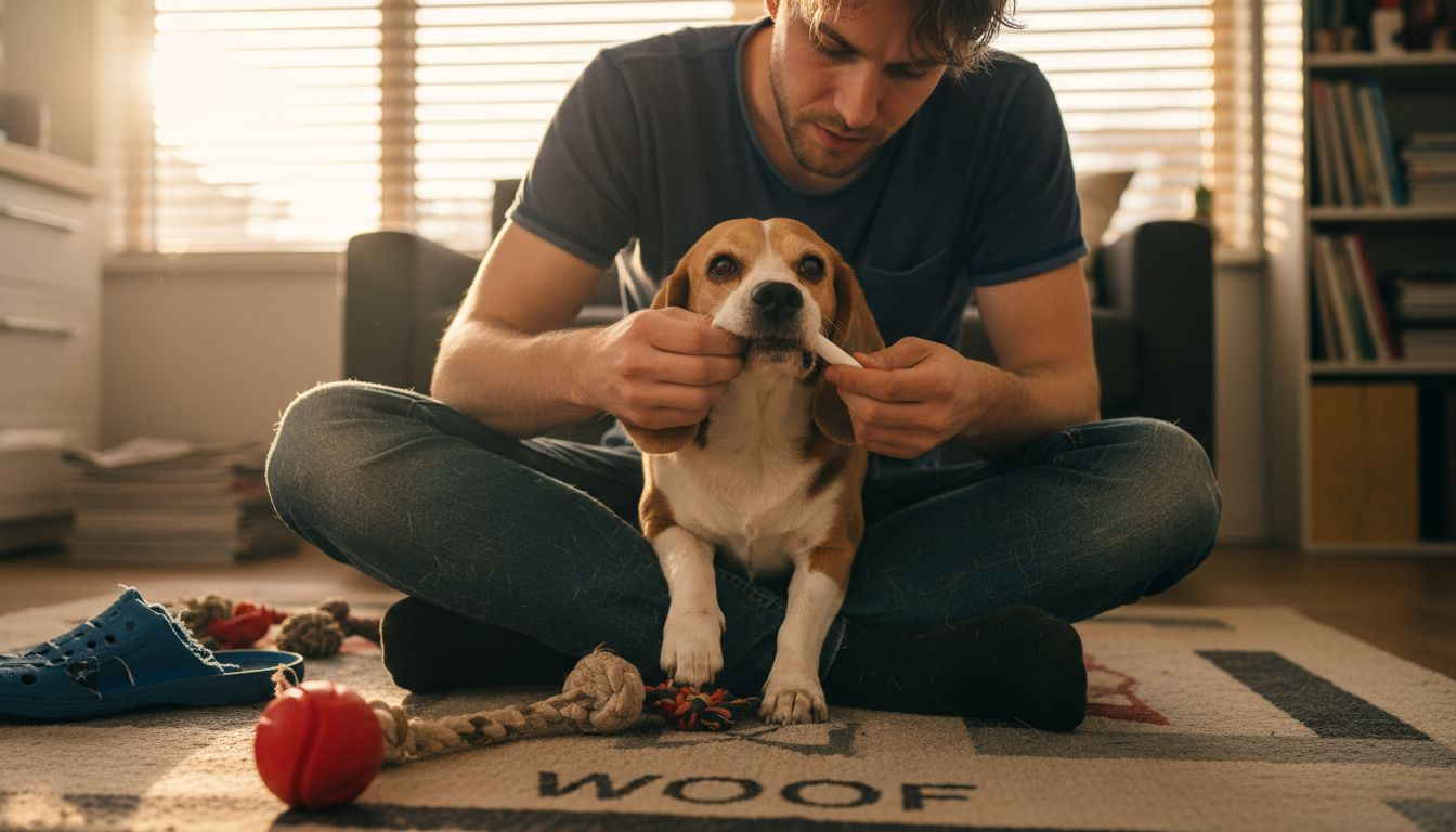 Baasje laat zijn beagle kennismaken met een vingerborsteltje voor de tanden.
