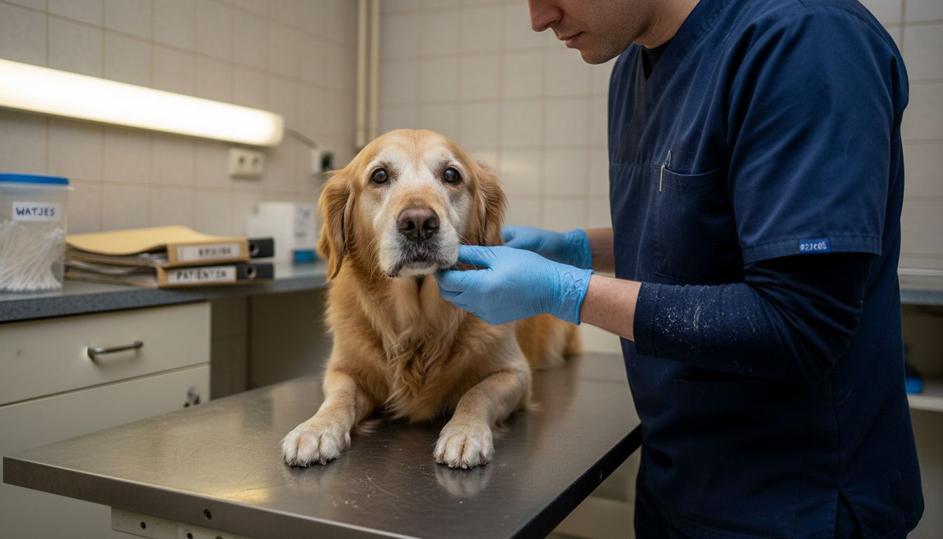 De dierenarts controleert het gebit van een oudere hond om te kijken of alles nog gezond is.