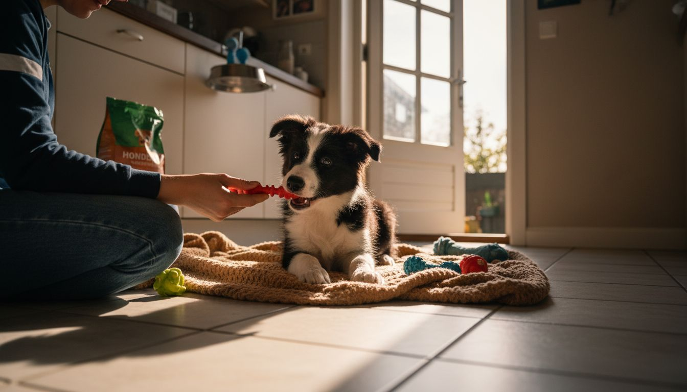 Puppy wisselt tandjes en kauwt op speeltje in de keuken