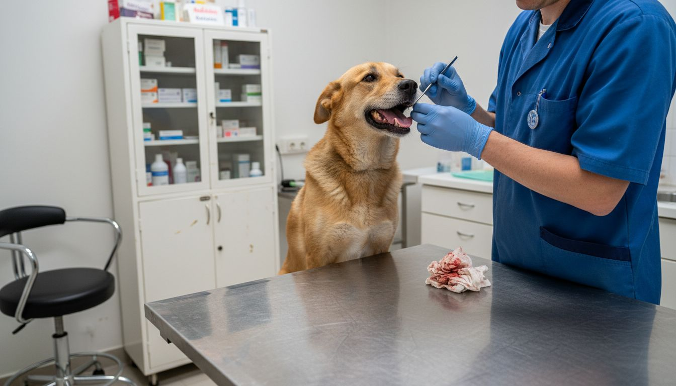 De dierenarts bekijkt het gebit van een hond tijdens een controle in de behandelkamer.