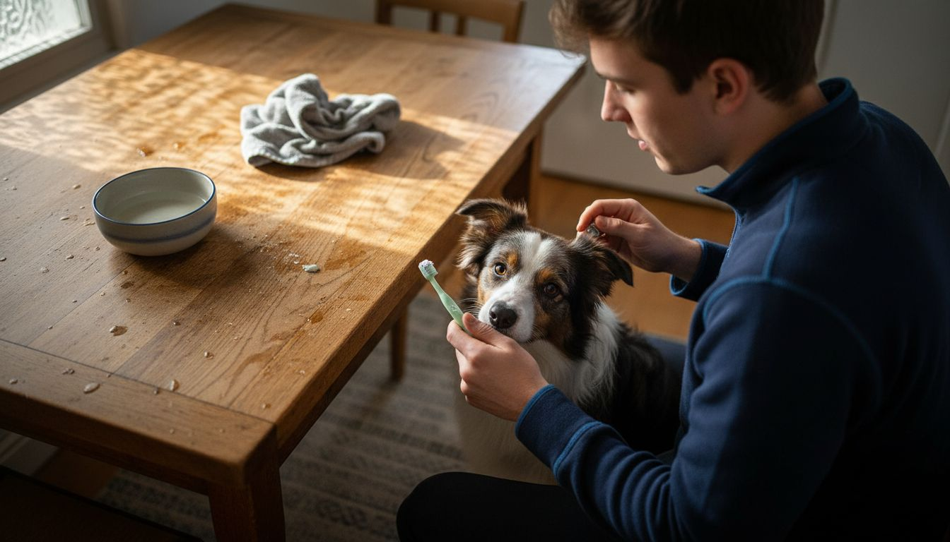 Man probeert zijn hond uit te leggen hoe je een tandenborstel gebruikt.