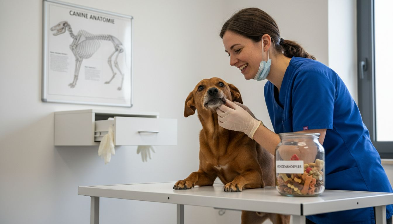 De dierenarts bekijkt het gebit van een hond tijdens een controle in de praktijk.