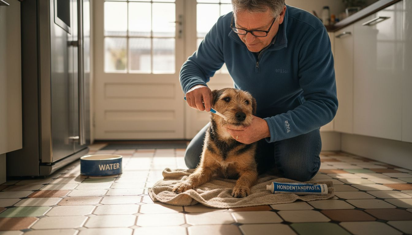 In de keuken geeft het baasje zijn hond een poetsbeurt aan het gebit.