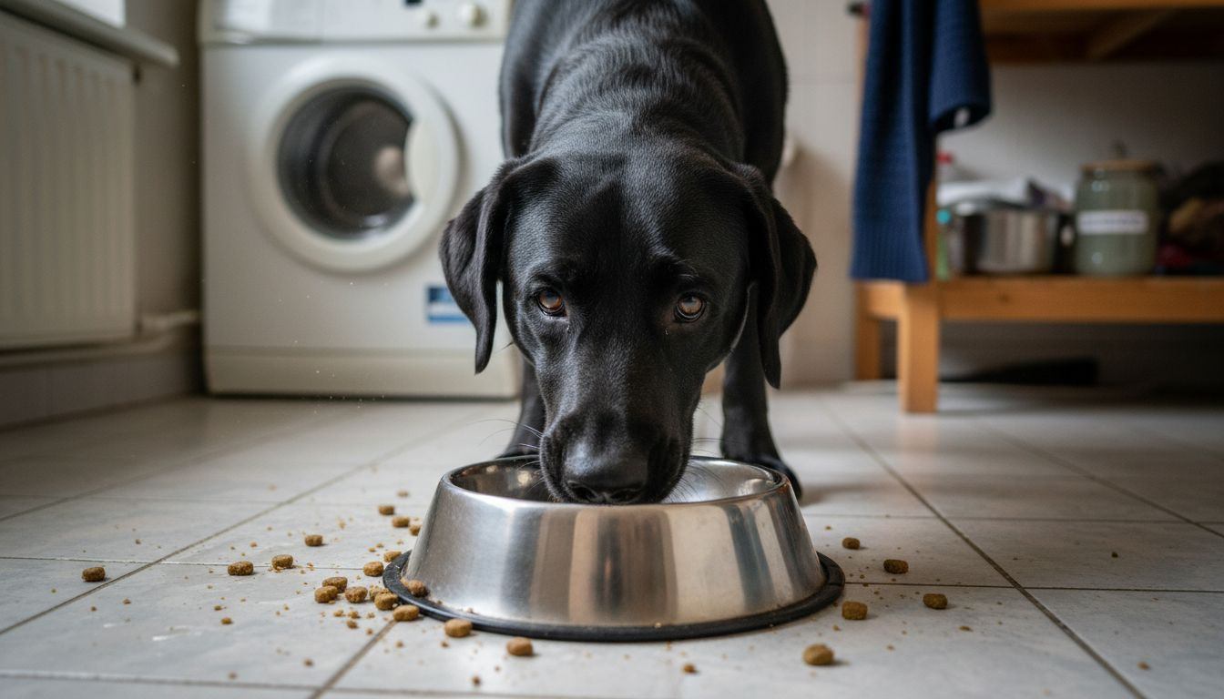Onze hond zit in de bijkeuken rustig zijn droge brokjes te knabbelen.