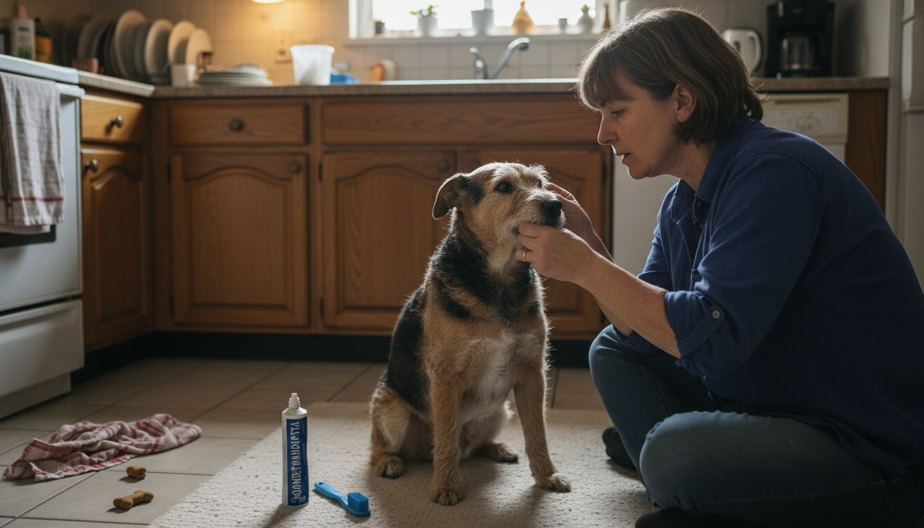 Een vrouw bekijkt de tanden en het gebit van haar hond om te zien of alles in orde is.