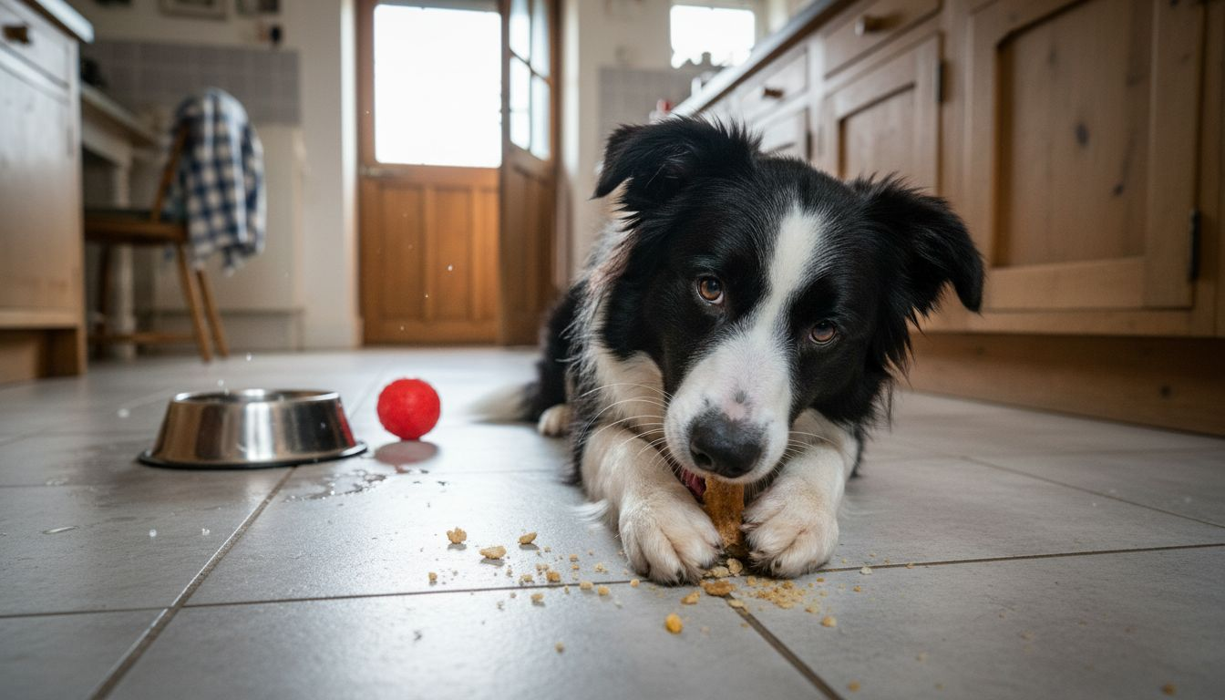 Een border collie geniet van een snack die goed is voor zijn tanden.