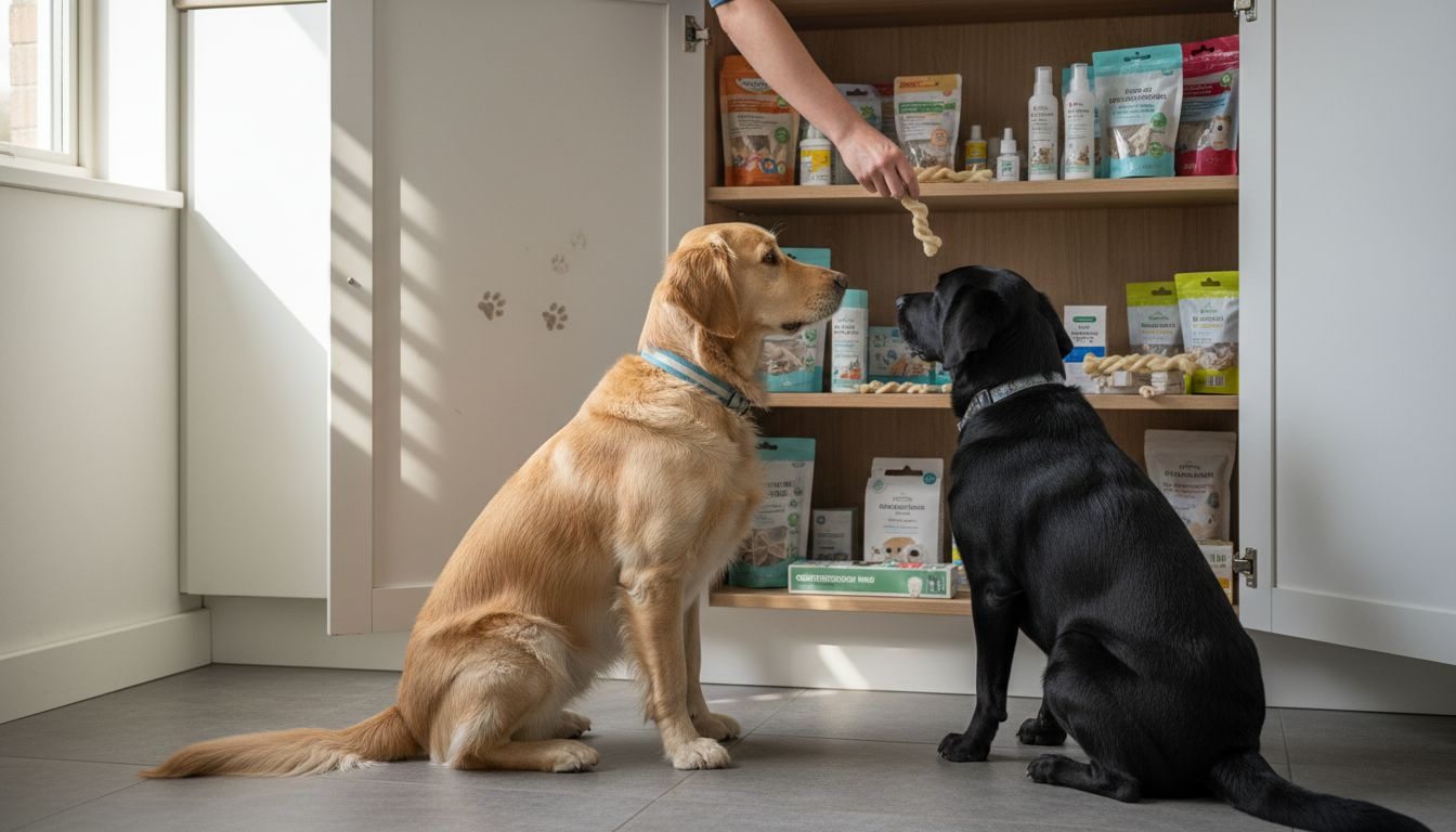 Honden snuffelen nieuwsgierig rond bij het kastje met hun tandverzorgingsproducten.
