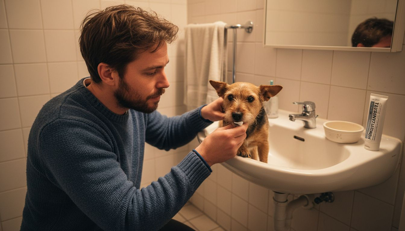 In de badkamer poetst een man de tanden van zijn hond.