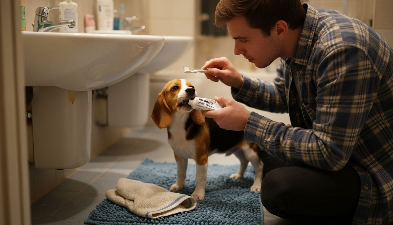 Elke ochtend krijgt de pup een poetsbeurt voor zijn tanden, zodat het schoonmaken gewoon onderdeel wordt van de dagelijkse routine.
