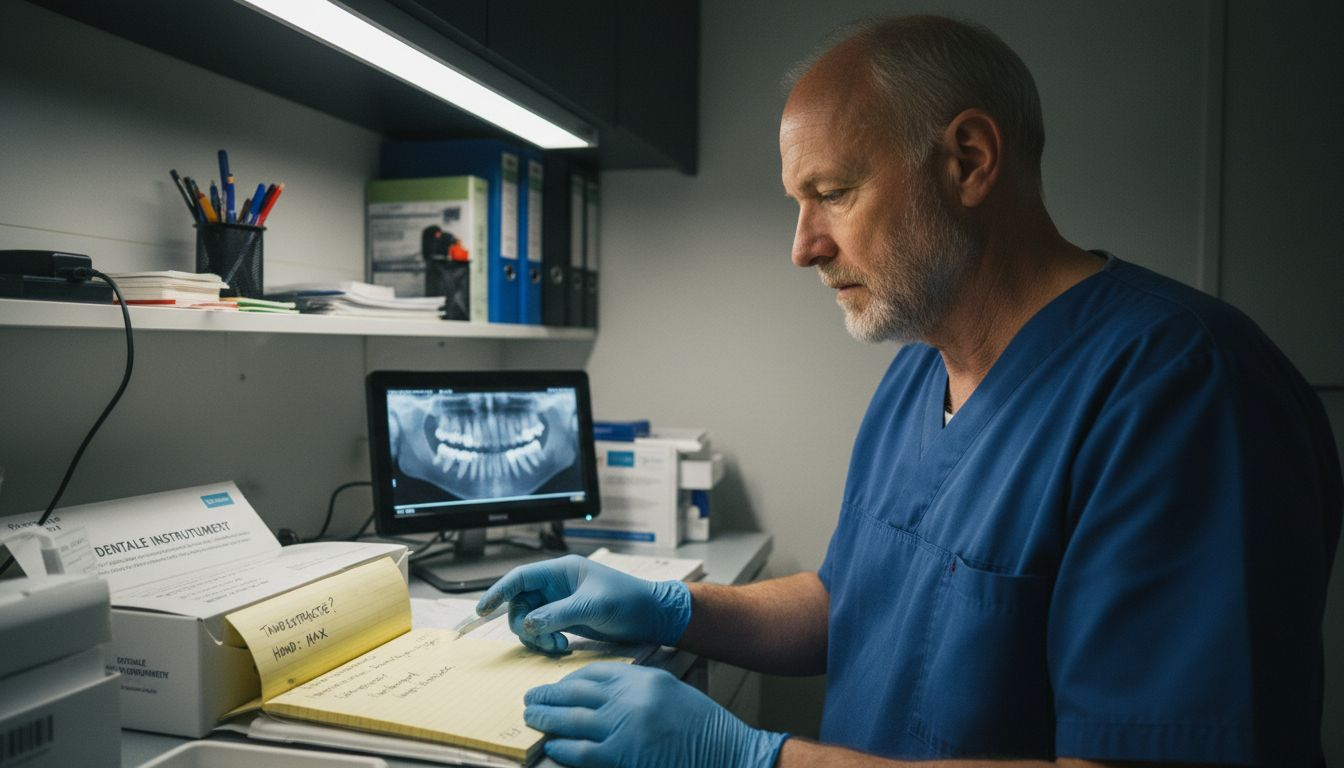 Een dierenarts bekijkt en beoordeelt de röntgenfoto van het gebit van een hond.
