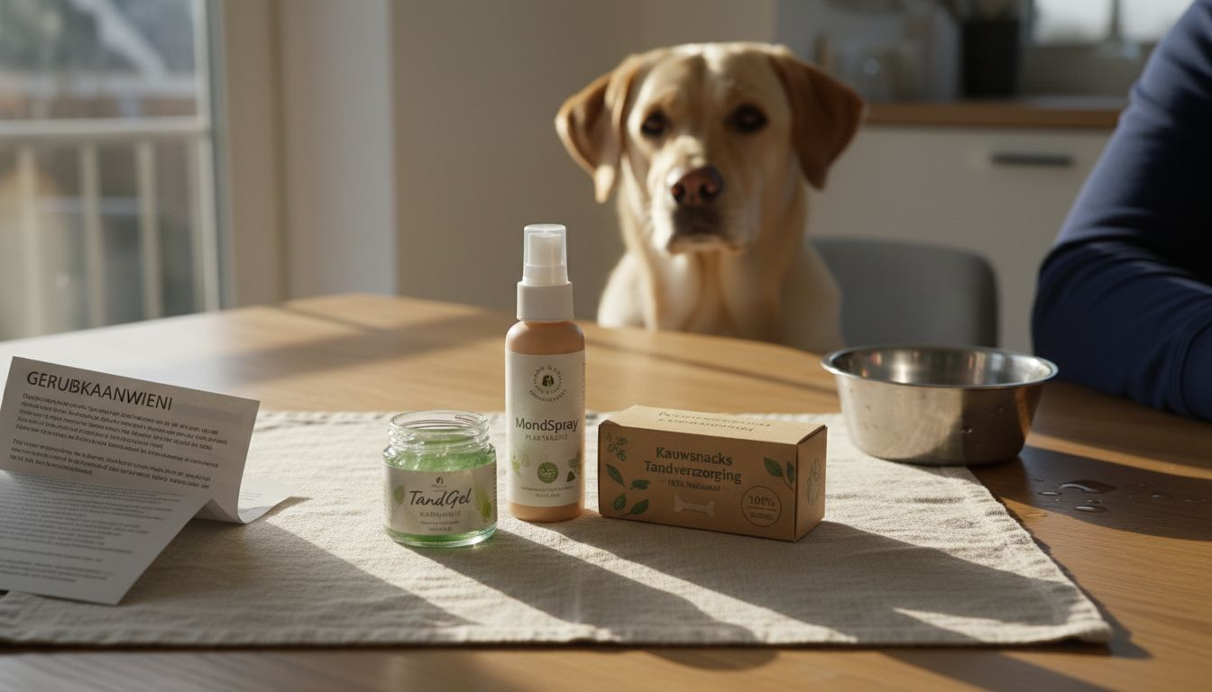 Een displaytafel met natuurlijke kauwproducten voor honden