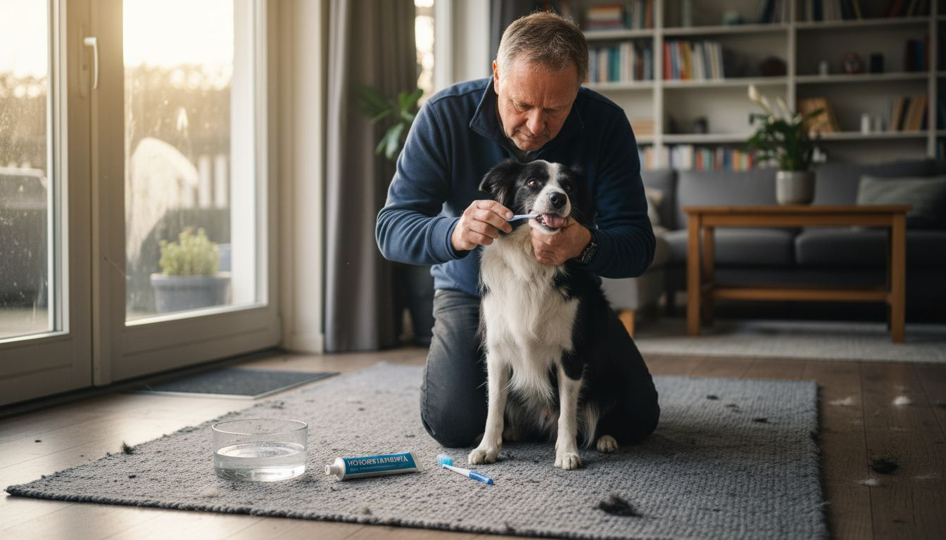 Baasje poetst thuis de tanden van zijn hond