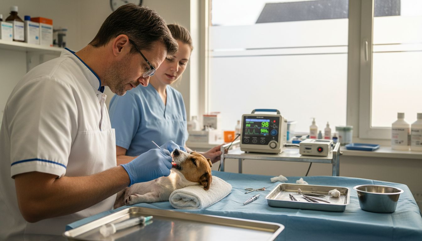 De dierenarts verwijdert een tand bij een hond.