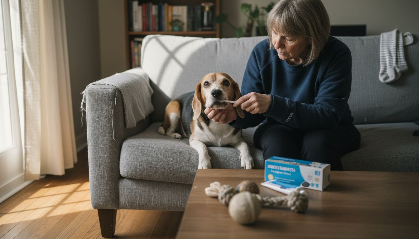 In de woonkamer controleert het baasje even het gebit van de hond.