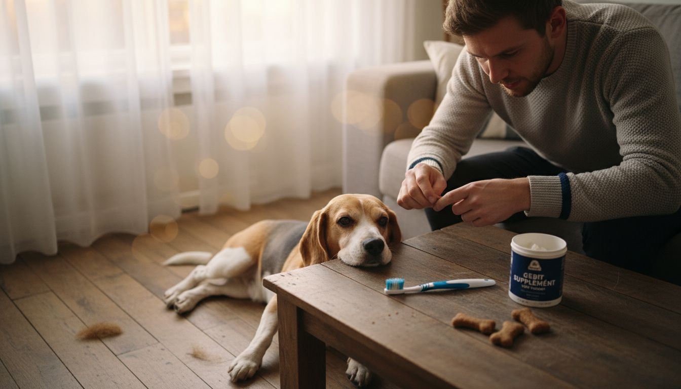 Baasje kijkt het tandvlees van zijn beagle na