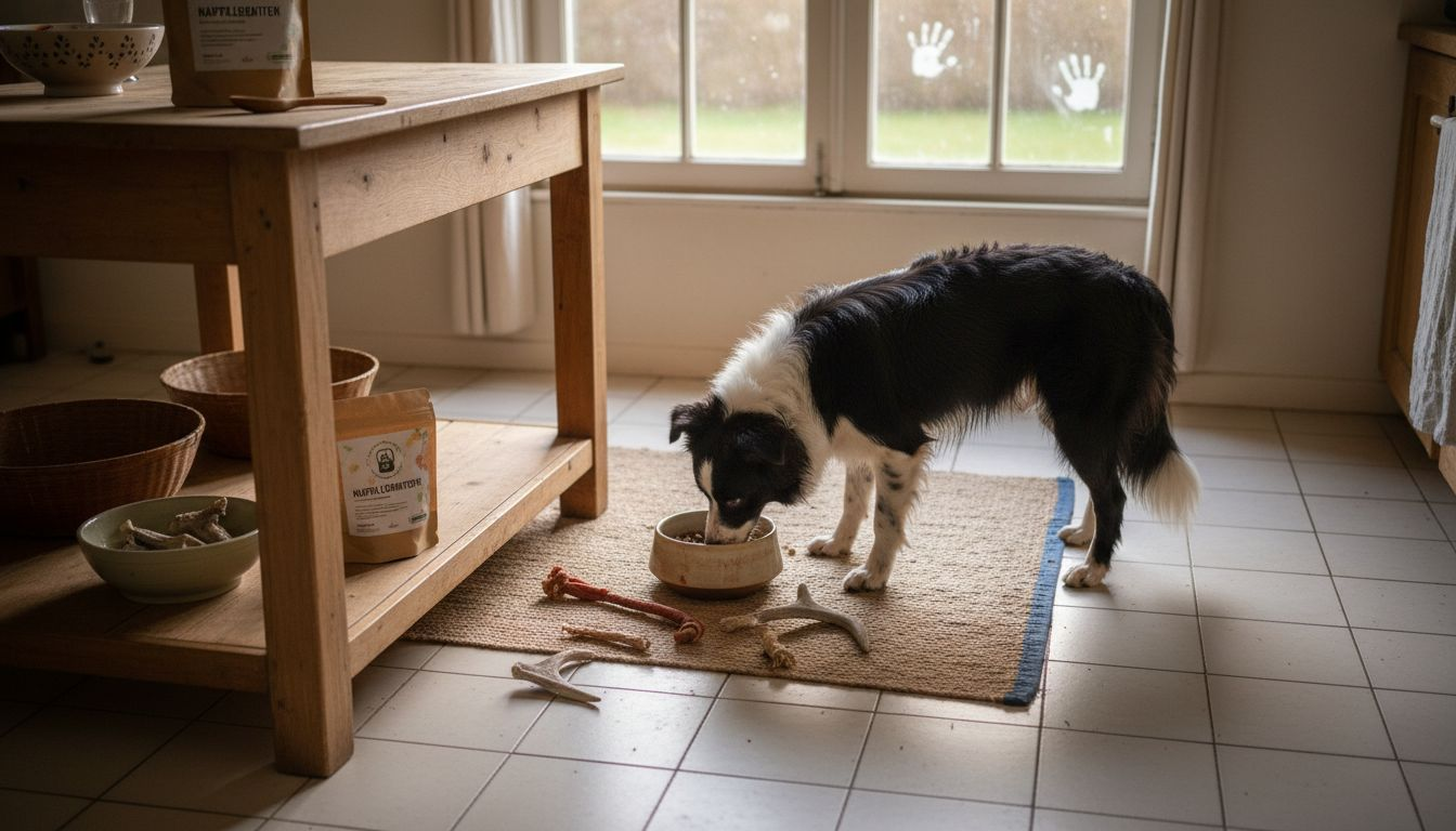 Onze border collie geniet regelmatig van een kauwstaafje in de keuken.