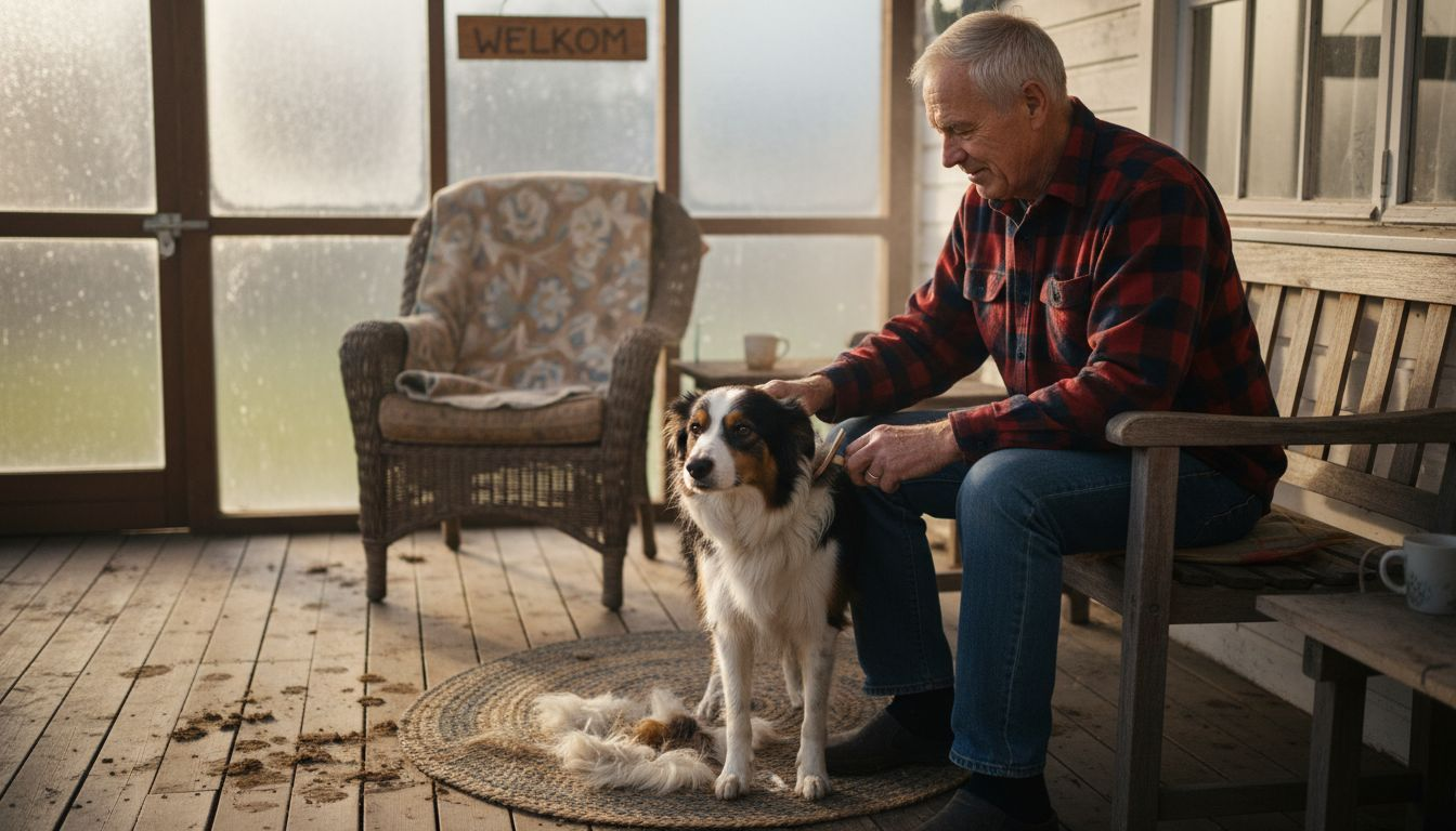Op de veranda zit een man zijn border collie rustig te borstelen.